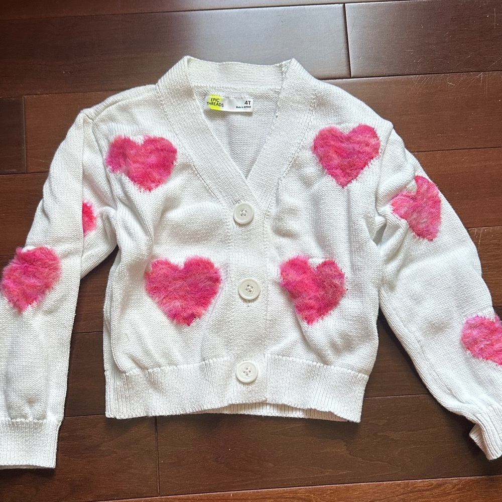 Epic Threads White Cardigan with Pink Fuzzy Hearts